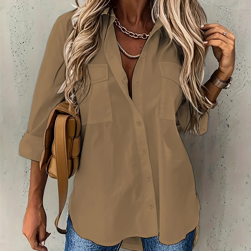 Camisa Lisanne™ Com Bolsos Frontais No Busto e Caimento Solto / Leveza Que Veste Sem Marcar