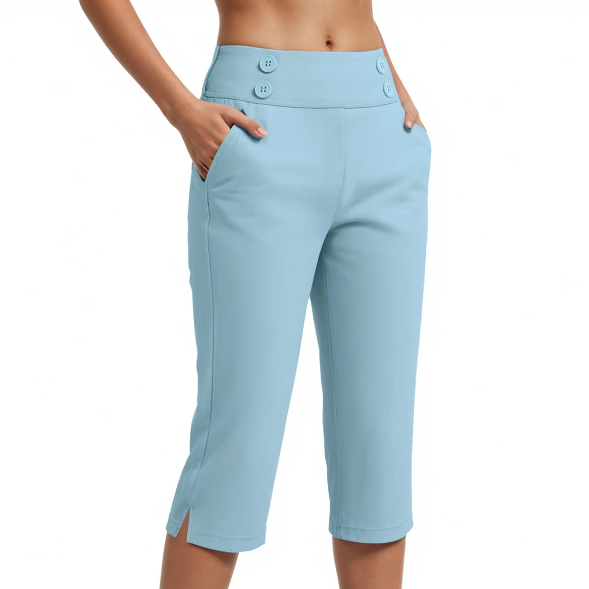 Calça Capri Simone™ com Botões Decorativos no Cós, Cintura Alta e Bolsos Laterais