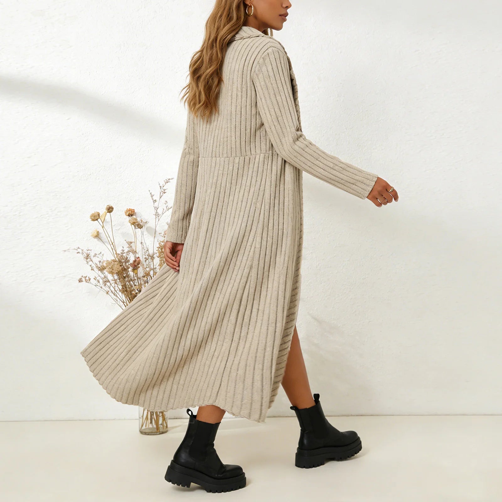 Conjunto Aurenza™ Com Vestido Xadrez e Cardigã Longo Em Tricô