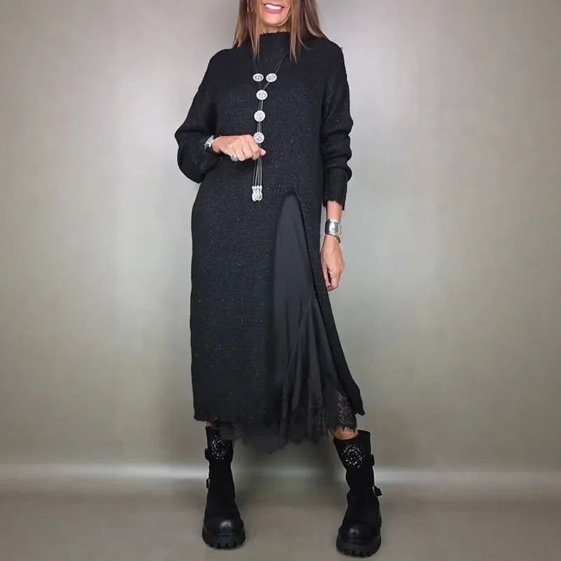 Conjunto Valérie™ com um Encantador Vestido de Cetim e uma Camisola Longa em Tricô Artesanal