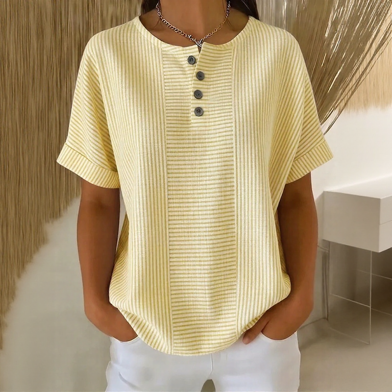 Camiseta Euddora™ Com Listras Delicadas e Botões Frontais