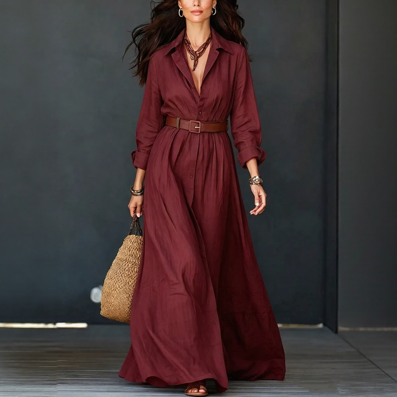 Vestido Delfina™ com Gola Elegante, Botões Minimalistas e Cinto de Brinde