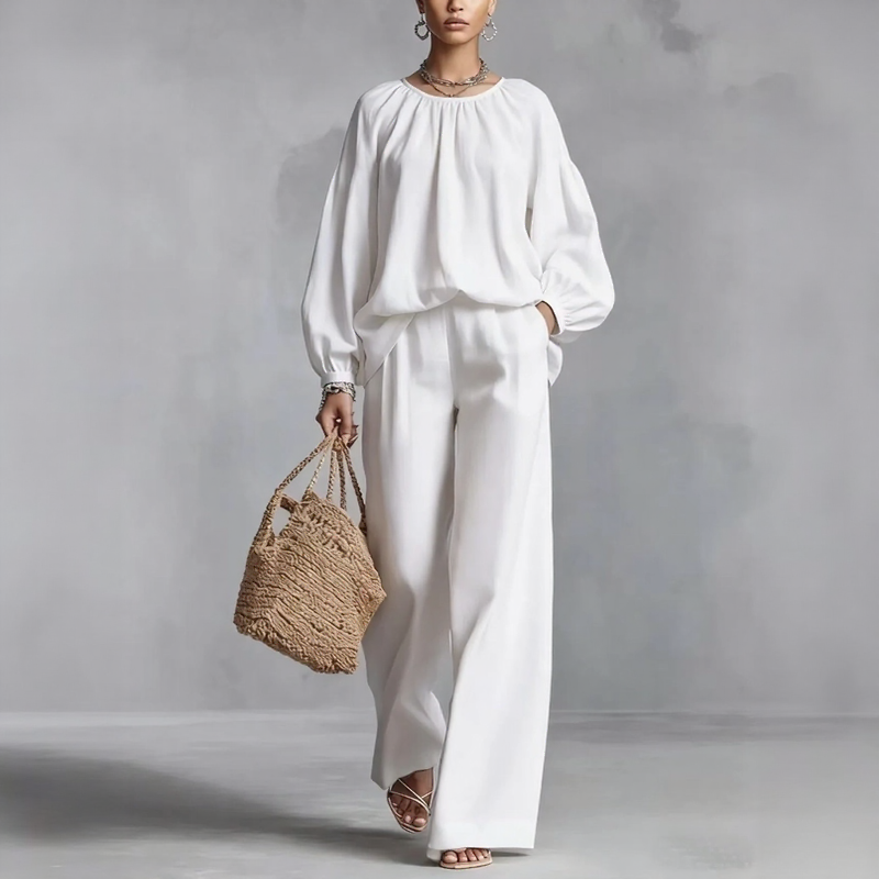Conjunto Valdora™ em Linho de Algodão com Blusa de Mangas Bufantes e Calça Pantalona Ampla / Elegância Descontraída em Uma Silhueta Cheia de Movimento