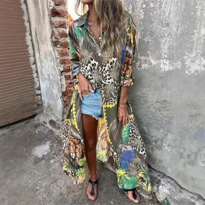Camisa Safari Majestosa™ Estilo Chemise com Estampa Selvagem Tropical / A Camisa que Transforma Seu Look em Obra de Arte Tropical!
