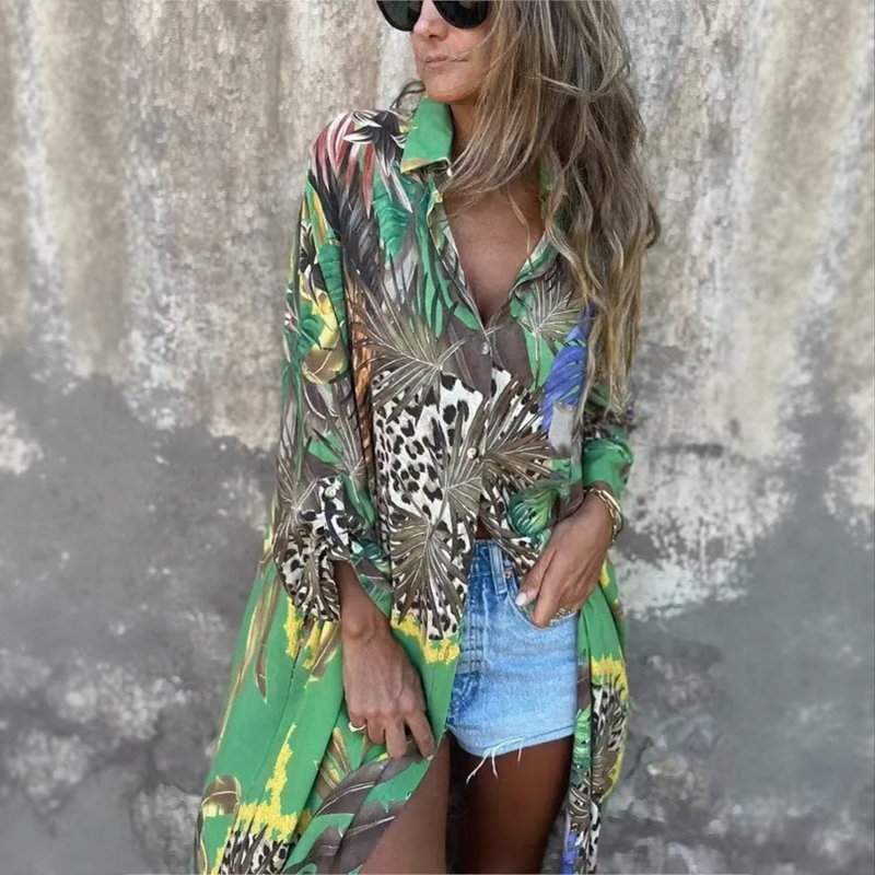 Camisa Safari Majestosa™ Estilo Chemise com Estampa Selvagem Tropical / A Camisa que Transforma Seu Look em Obra de Arte Tropical!