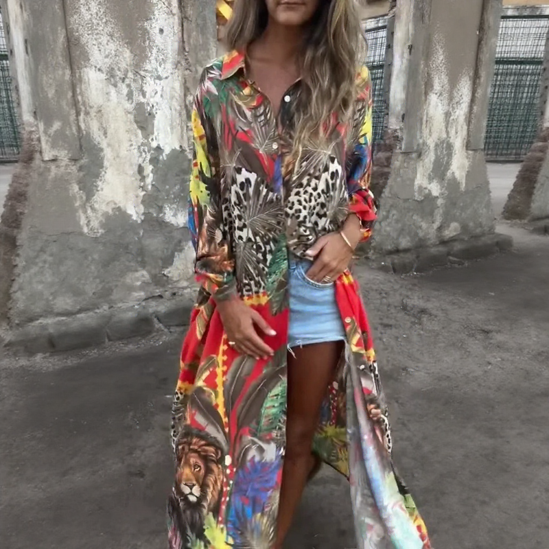 Camisa Safari Majestosa™ Estilo Chemise com Estampa Selvagem Tropical / A Camisa que Transforma Seu Look em Obra de Arte Tropical!
