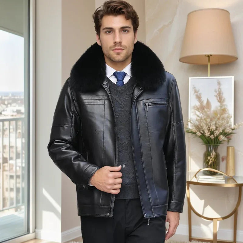 Jaqueta de Couro Masculina Lord Torino™ com Pele de Raposa Sintética e Forro Interno Térmico / Conforto e Imponência na Medida Certa!