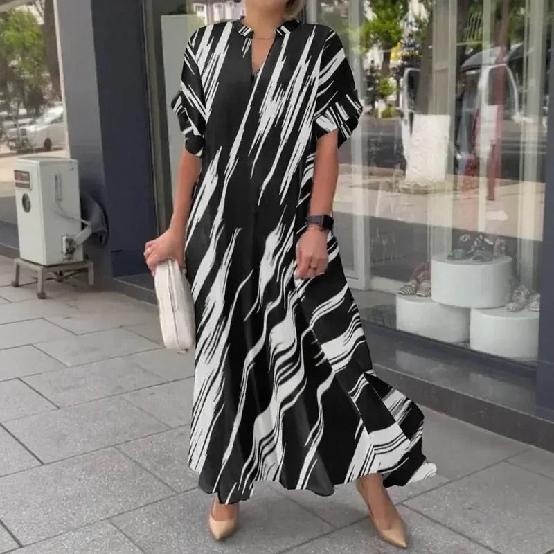 Vestido Olívia Moderna™ com Gola Camisa e Estampa Vertical / Charme Urbano com Leveza e Sofisticação!