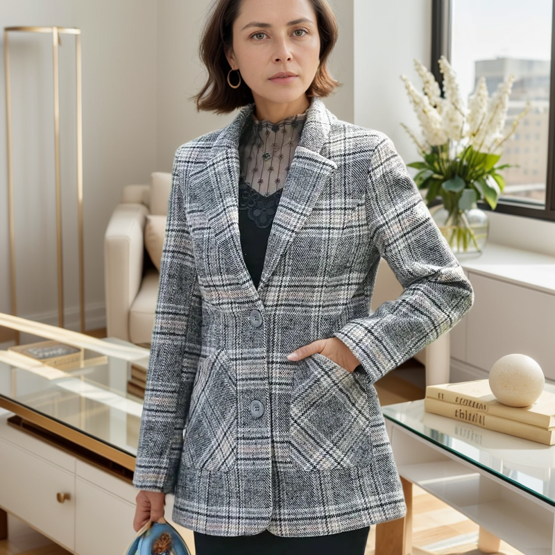 Blazer Íris™ em Algodão Encorpado com Toque de Lã e Estampa Xadrez / A Elegância Clássica que Nunca Sai de Moda!