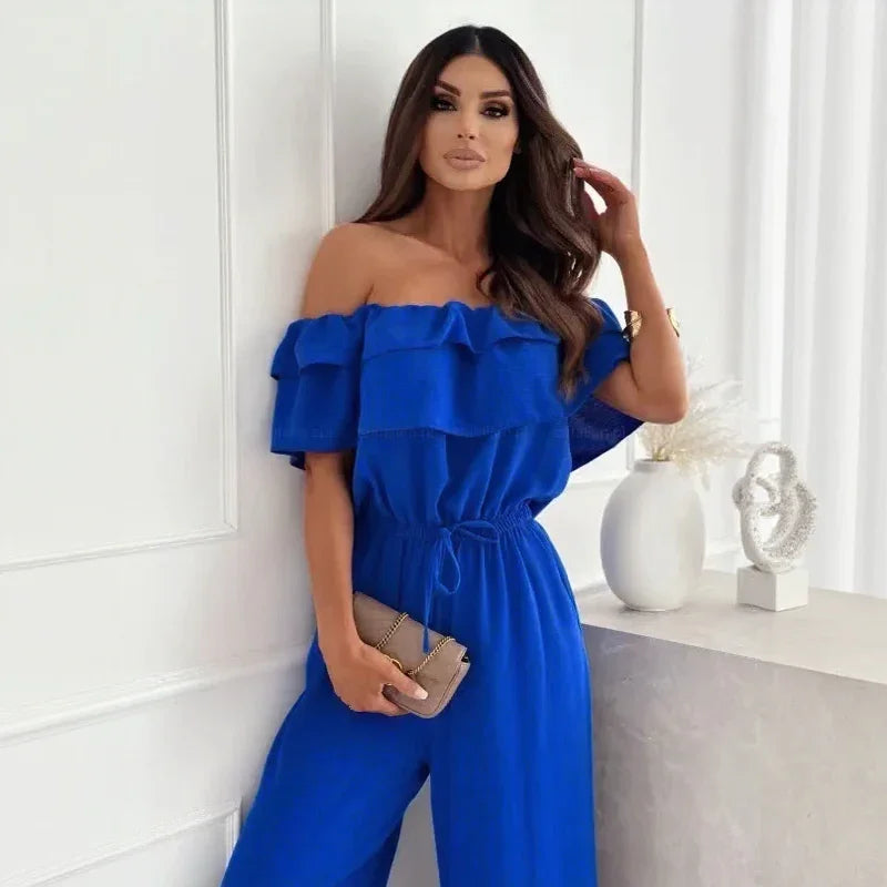 Macacão Marina Belle™ Ombro a Ombro com Babados e Pantalona Fluida / Impacto Visual com Conforto Absoluto!