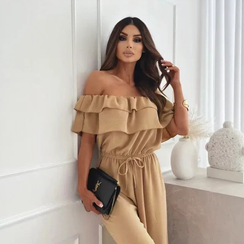 Macacão Marina Belle™ Ombro a Ombro com Babados e Pantalona Fluida / Impacto Visual com Conforto Absoluto!