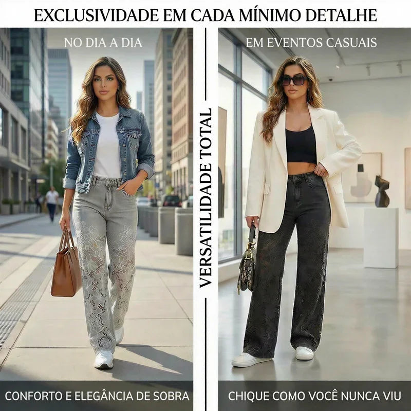 Calça Jeans Bethania™ em Denim Moderno com Renda Artesanal Floral / Estilo e Conforto Casual Chic para Looks Memoráveis!
