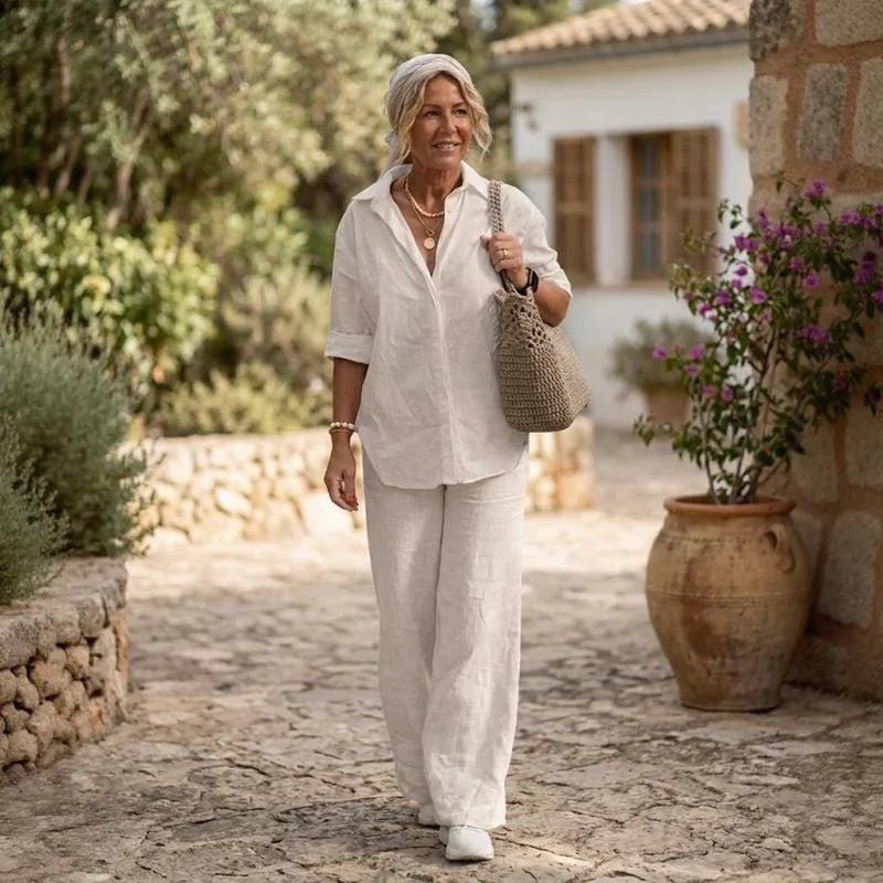 Conjunto Cartagena™ em Linho de Algodão e Blusa com Fendas Laterais