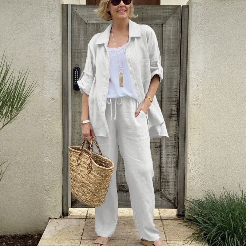 Conjunto Yasmine™ em Linho de Algodão e Camisa de Botões com Manga Ajustável