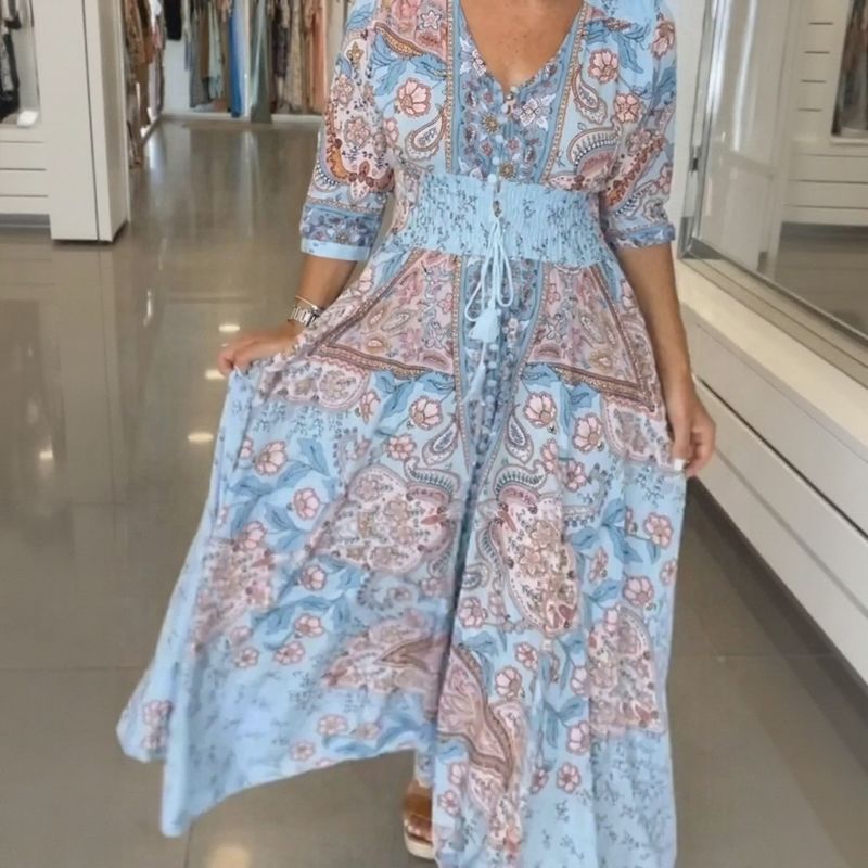 Vestido Longo Aisha™ em Viscose Premium com Decote V