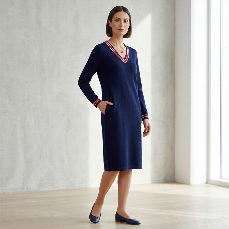 Vestido Midi Freya™ com Decote V Contrastante e Bolsos Estilo Sport Chic