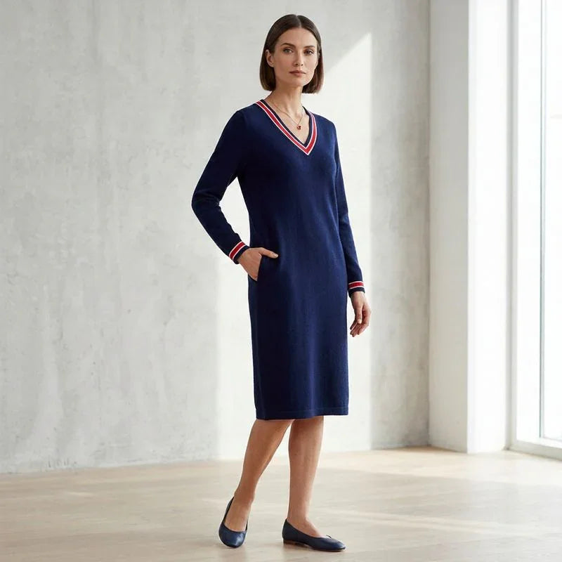 Vestido Midi Freya™ com Decote V Contrastante e Bolsos Estilo Sport Chic