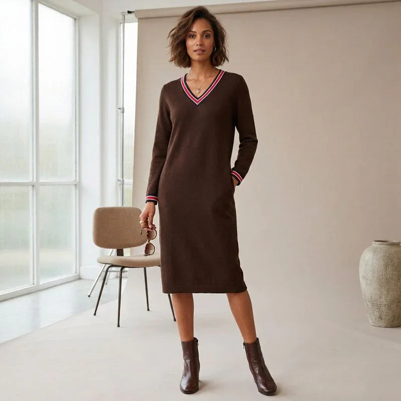 Vestido Midi Freya™ com Decote V Contrastante e Bolsos Estilo Sport Chic
