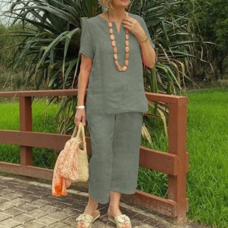 Conjunto Emma™ em Linho de Algodão e Decote em V com Fenda