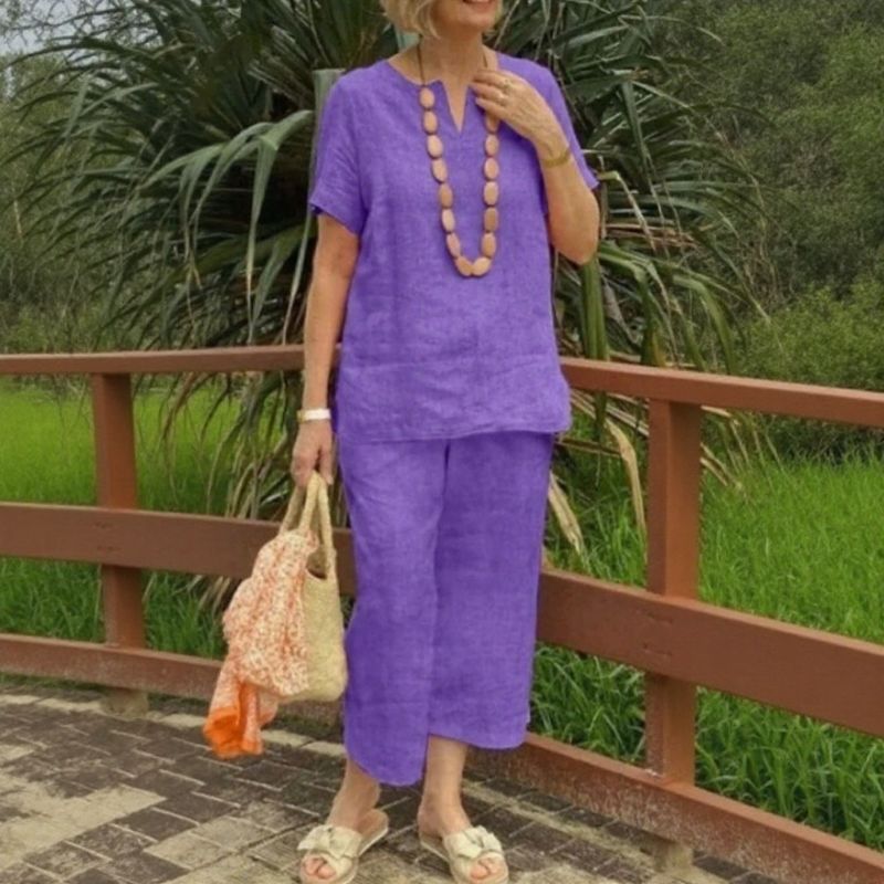 Conjunto Emma™ em Linho de Algodão e Decote em V com Fenda