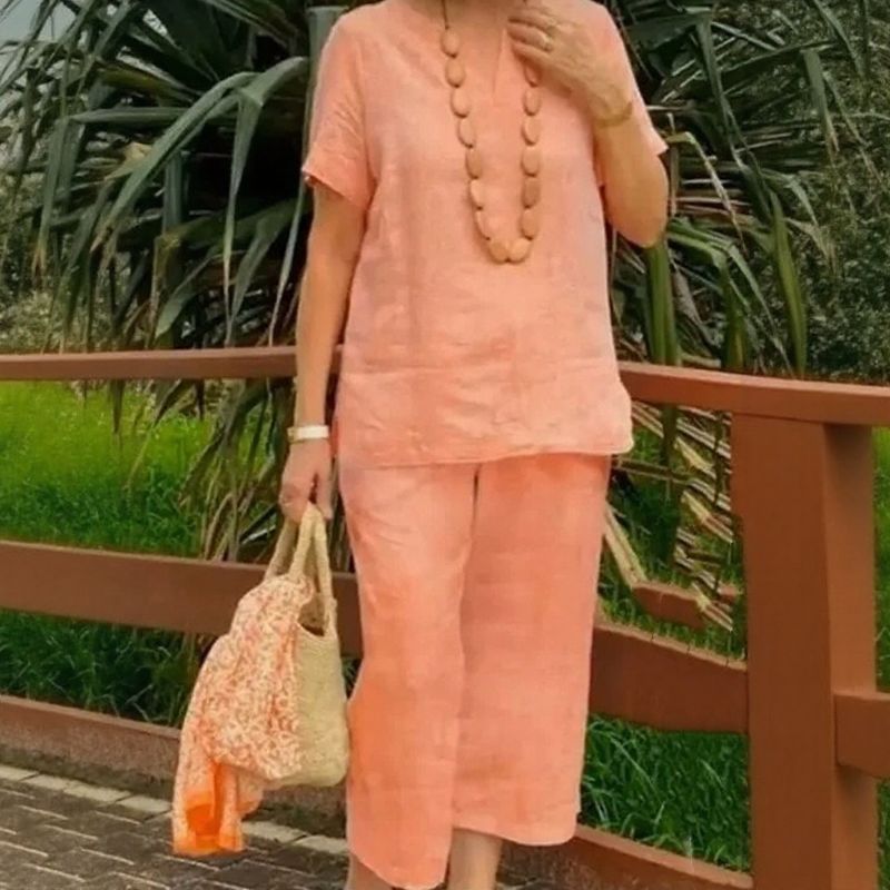 Conjunto Emma™ em Linho de Algodão e Decote em V com Fenda