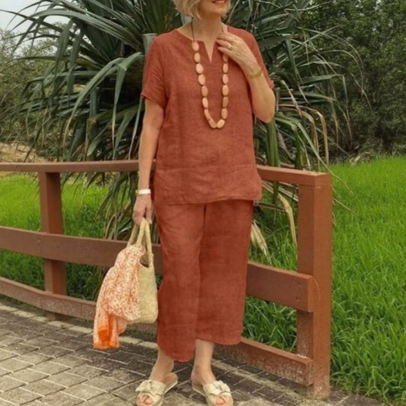 Conjunto Emma™ em Linho de Algodão e Decote em V com Fenda