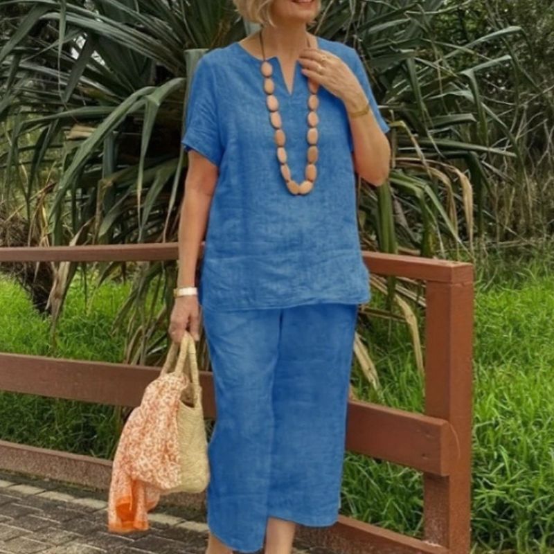 Conjunto Emma™ em Linho de Algodão e Decote em V com Fenda