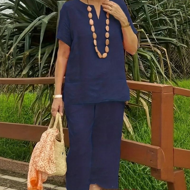 Conjunto Emma™ em Linho de Algodão e Decote em V com Fenda