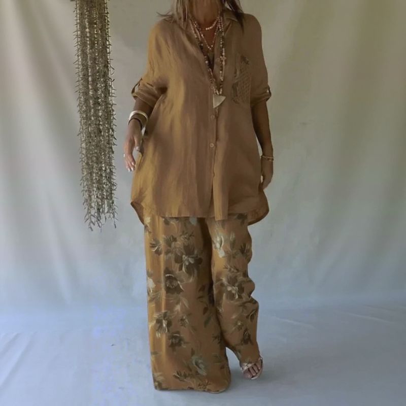 Conjunto Chloe™ com Camisa Abotoada e Calça Ampla de Caimento Leve