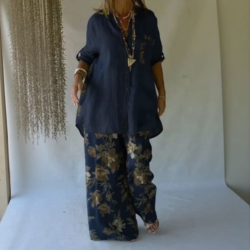 Conjunto Chloe™ com Camisa Abotoada e Calça Ampla de Caimento Leve