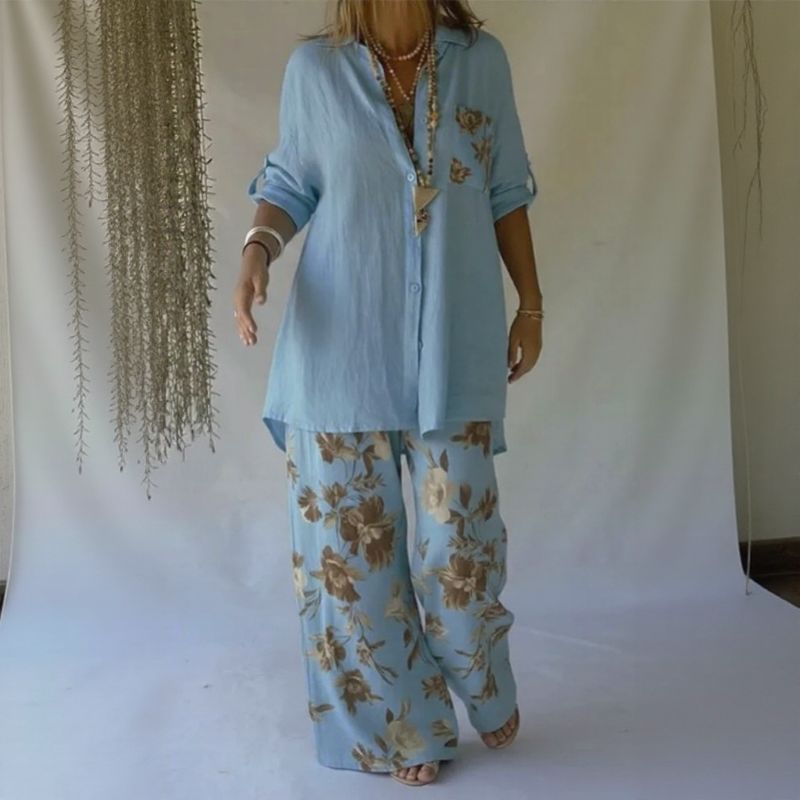 Conjunto Chloe™ com Camisa Abotoada e Calça Ampla de Caimento Leve