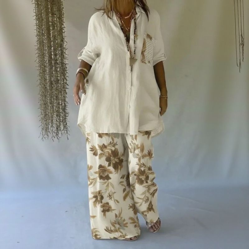 Conjunto Chloe™ com Camisa Abotoada e Calça Ampla de Caimento Leve