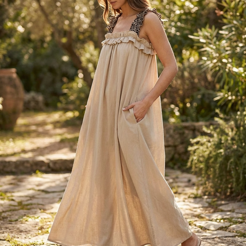 Vestido Longo Nápoles™ em Viscose Leve com Alças Onça e Caimento Solto