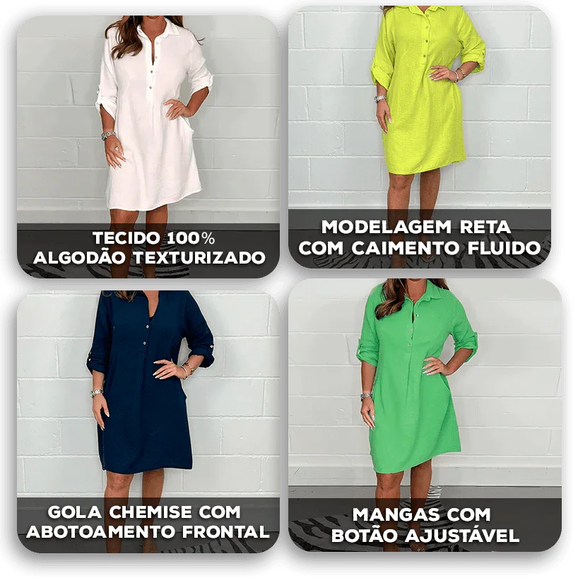 Vestido Belice™ em Algodão Leve com Gola Chemise / Para Quem Vive com Leveza e Estilo!