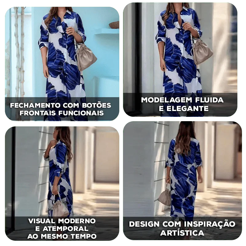 Vestido Letícia™ com Estampa Pincelada Azul e Modelagem Chemise Longa / Arte, Leveza e Sofisticação em Uma Só Peça!