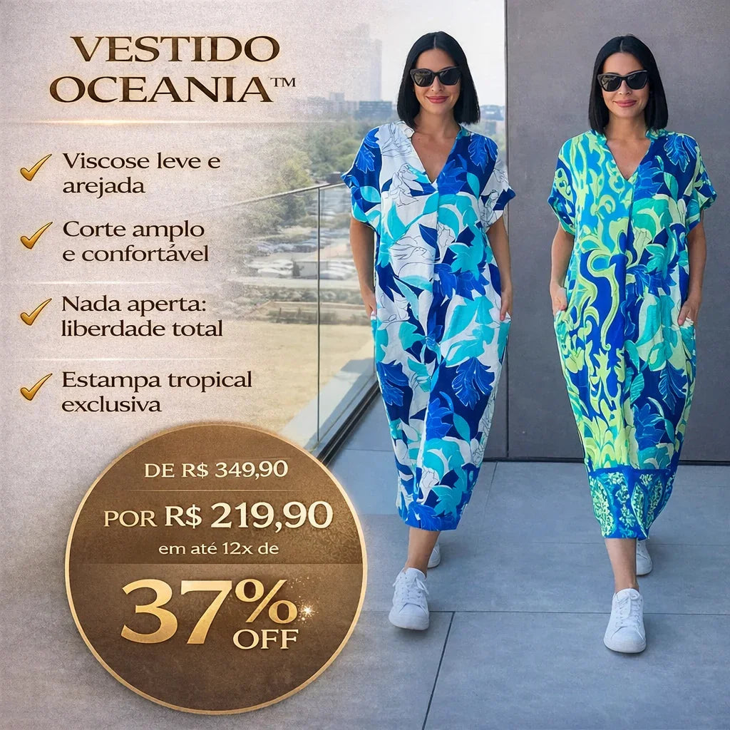 Vestido Oceania™ Em Viscose com Corte Amplo e Estampa Tropical / A Peça que Une Conforto e Beleza Sem Esforço!