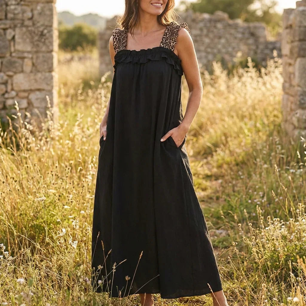 Vestido Longo Nápoles™ em Viscose Leve com Alças Onça e Caimento Solto