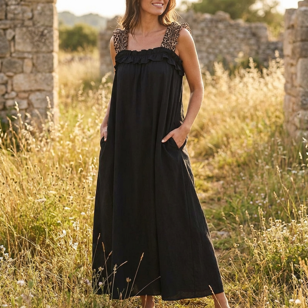 Vestido Longo Nápoles™ em Viscose Leve com Alças Onça e Caimento Solto