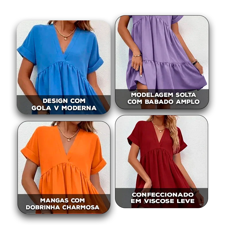 Vestido Viviê™ em Viscose Leve com Babado Amplo e Gola V / Delicadeza Atemporal com Caimento Livre e Sofisticado!