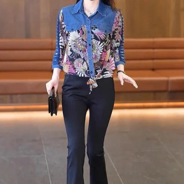 Camisa Jeans Retro Isabella™ - Estampas Vintage e Amarração para uma Moda Contemporânea. - ModernLar