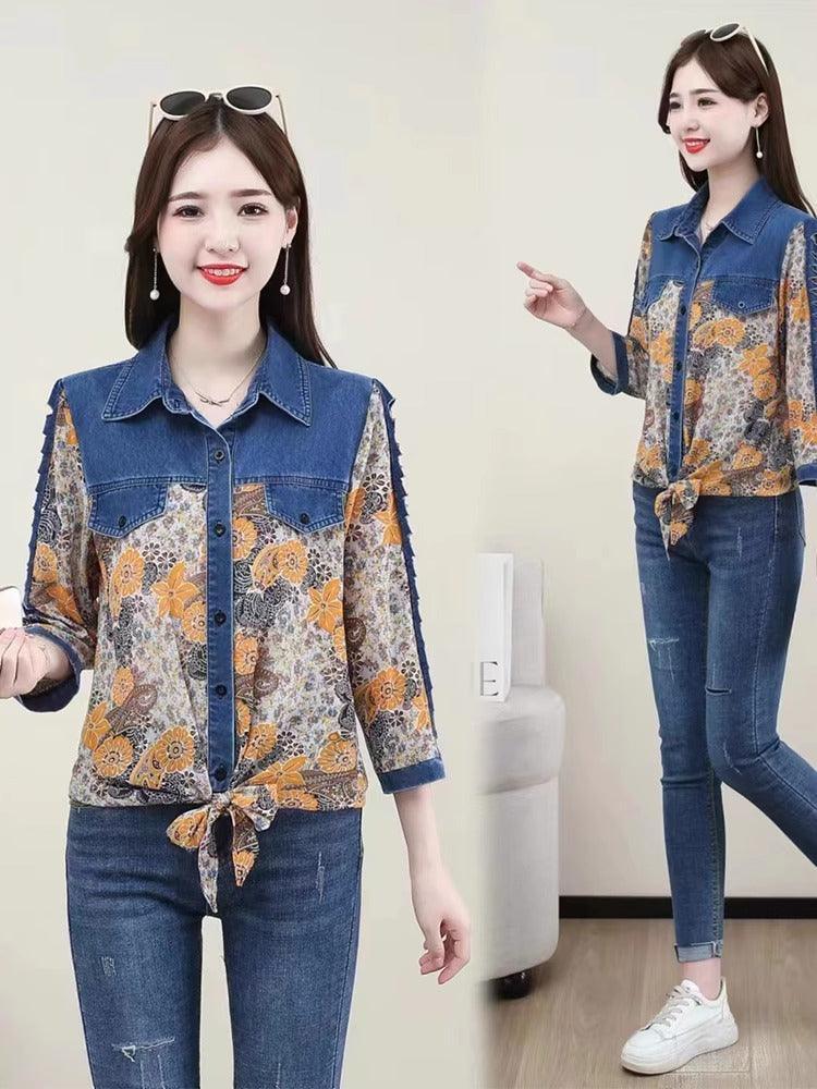 Camisa Jeans Retro Isabella™ - Estampas Vintage e Amarração para uma Moda Contemporânea. - ModernLar