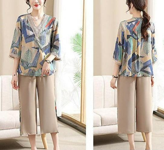 Conjunto Lizandra™ de Blusa Soltinha + Calça Pantalona / Esbanje Luxo com Estampas Abstratas e Chiques em Algodão Soft! - ModernLar