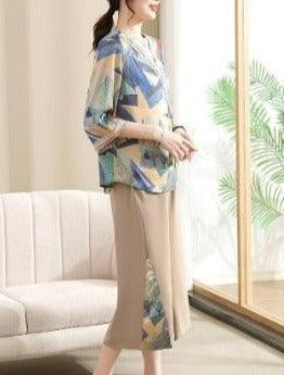 Conjunto Lizandra™ de Blusa Soltinha + Calça Pantalona / Esbanje Luxo com Estampas Abstratas e Chiques em Algodão Soft! - ModernLar