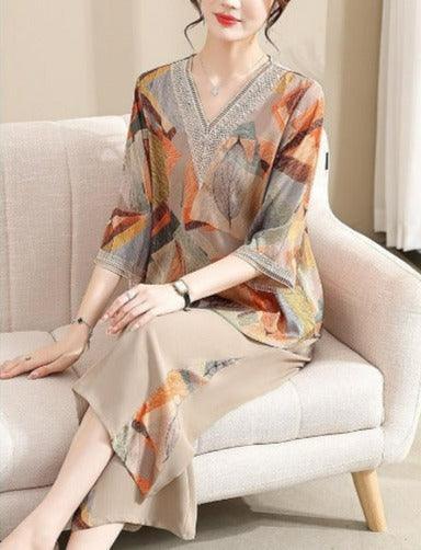 Conjunto Lizandra™ de Blusa Soltinha + Calça Pantalona / Esbanje Luxo com Estampas Abstratas e Chiques em Algodão Soft! - ModernLar