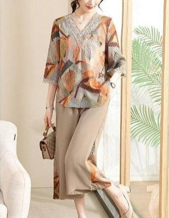 Conjunto Lizandra™ de Blusa Soltinha + Calça Pantalona / Esbanje Luxo com Estampas Abstratas e Chiques em Algodão Soft! - ModernLar