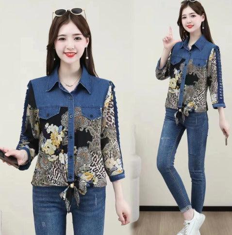 Camisa Jeans Retro Isabella™ - Estampas Vintage e Amarração para uma Moda Contemporânea. - ModernLar