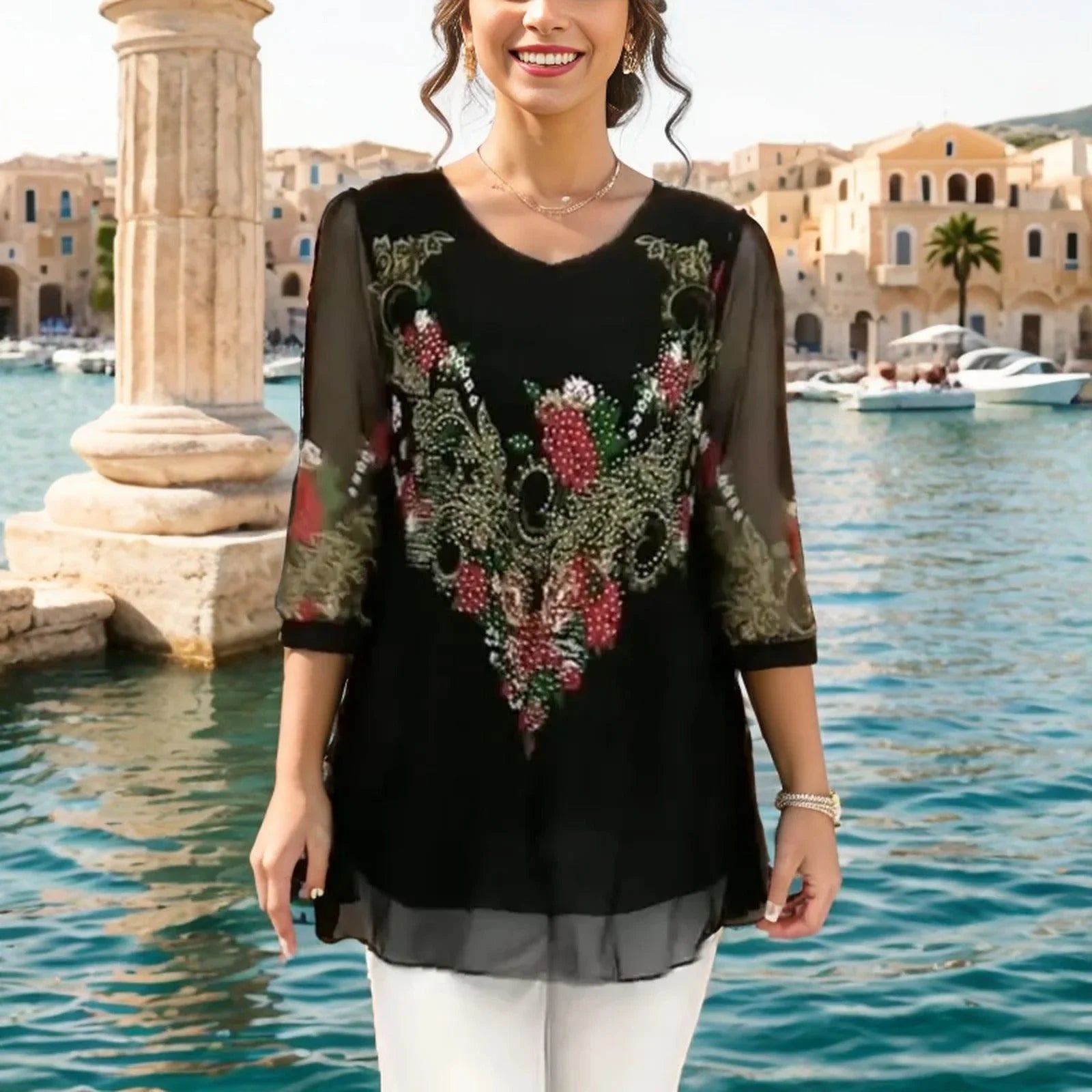 Blusa Giardino Chiffon™ / Delicadeza das Mangas Translúcidas e Bordado Sofisticado! - ModernLar