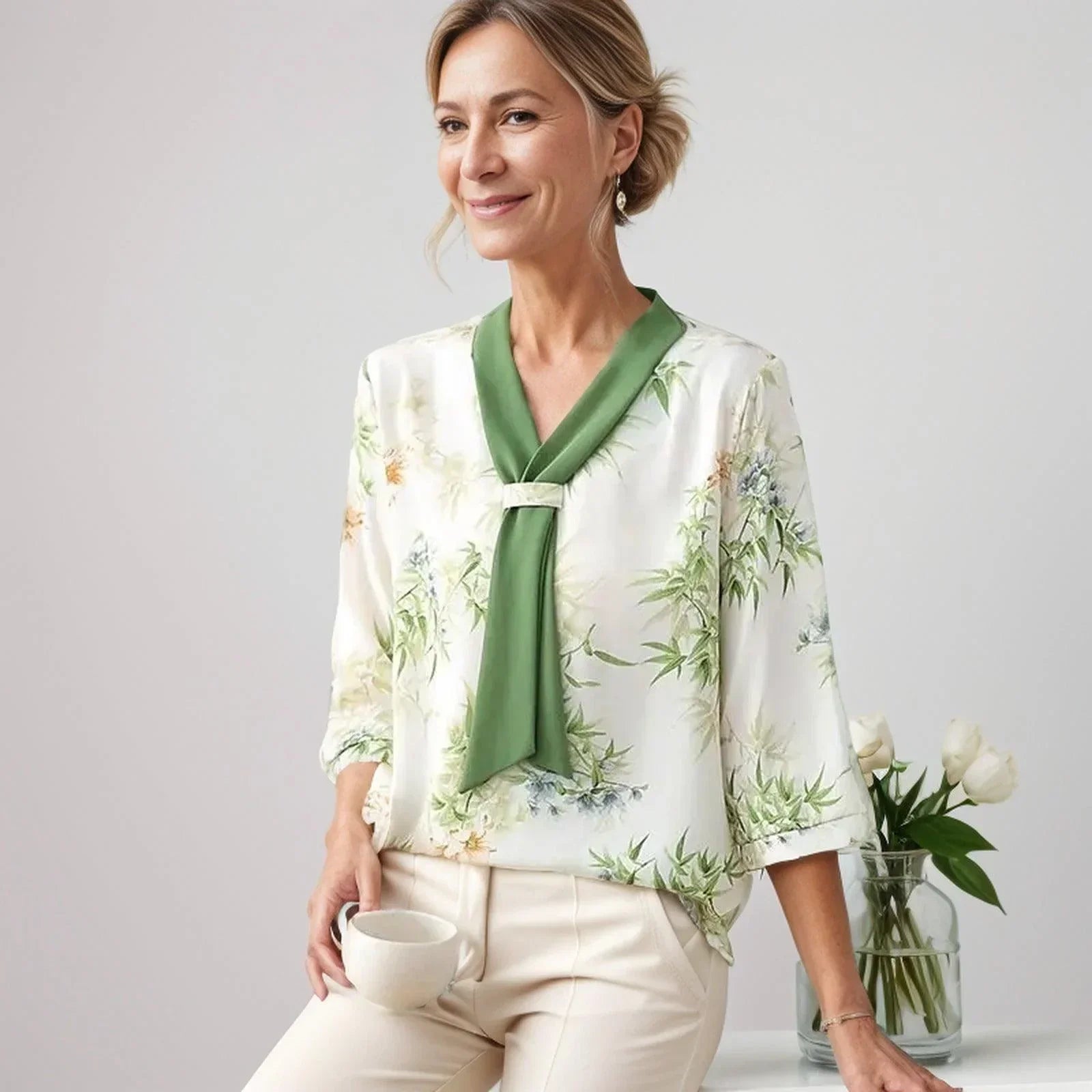 Blusinha Joana d'Arc™ com Gola Aeromoça / Seda Gelo com Elastano para Elegância e Conforto!