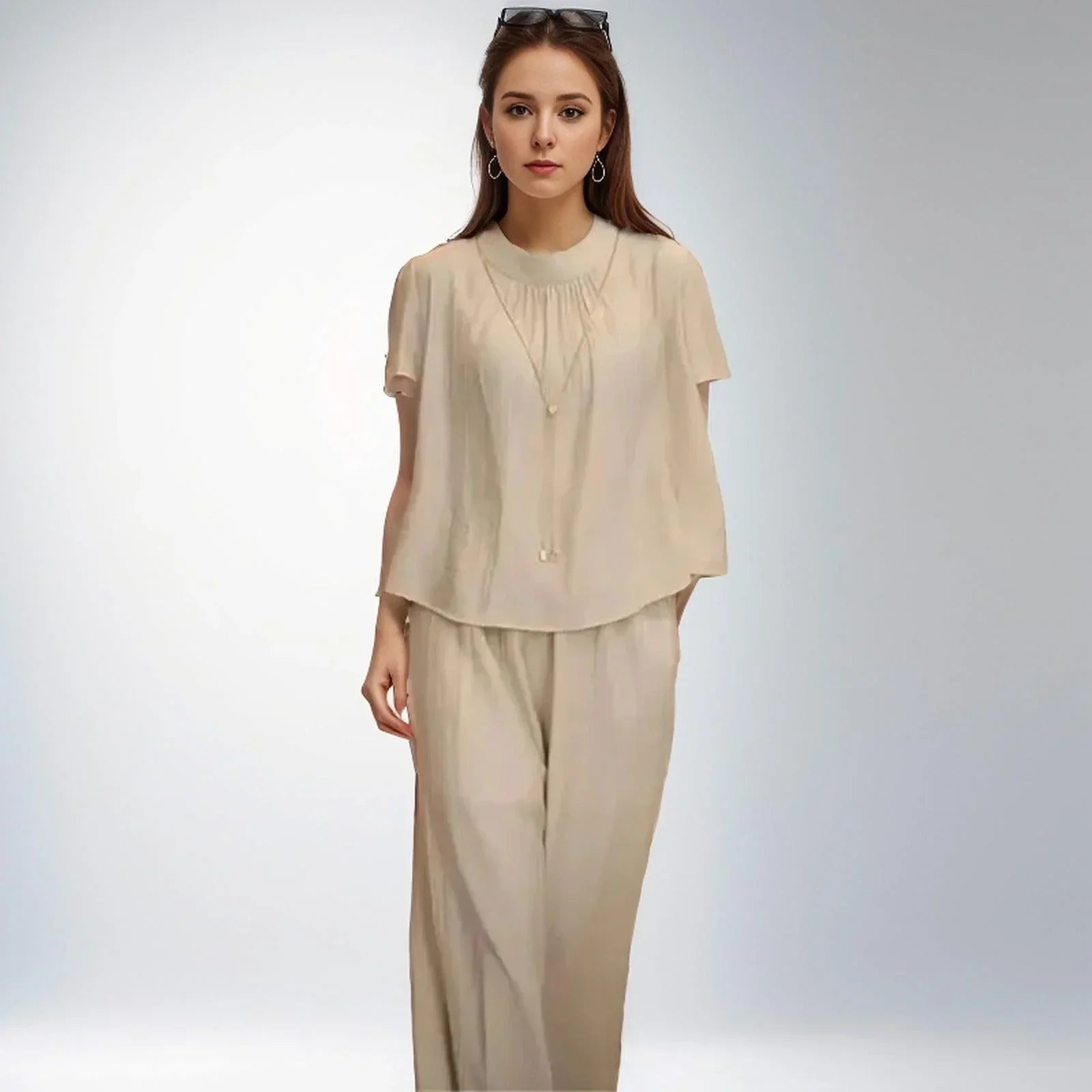 Conjunto Cléo™ com Caimento Solto / Inovação em Tecido Plissado Seda Gelo para Conforto e Estilo Sem Igual