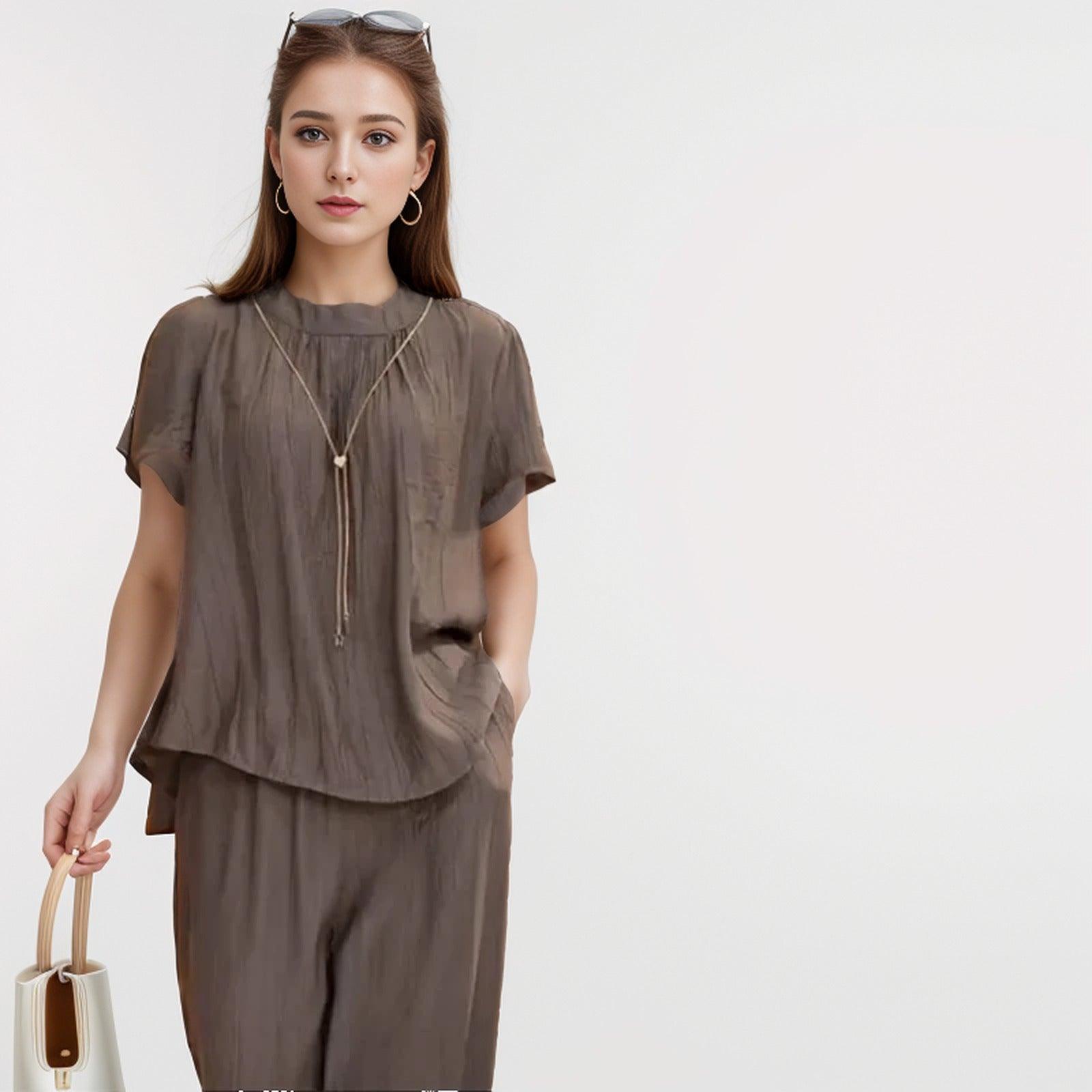 Conjunto Cléo™ com Caimento Solto / Inovação em Tecido Plissado Seda Gelo para Conforto e Estilo Sem Igual